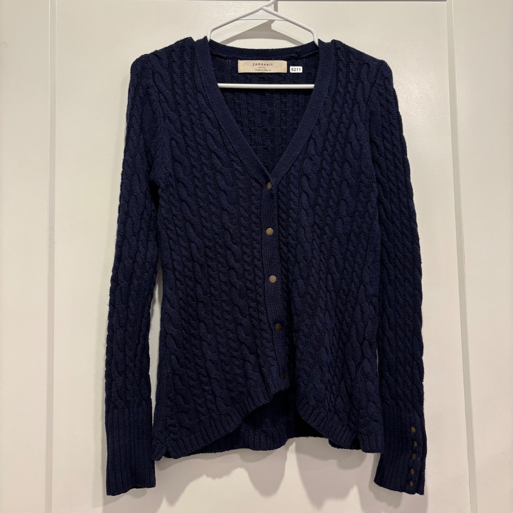 ZARA KNIT Navy Blue Cable Knit Cardigan V-Neck Button Sweater Womens Medium